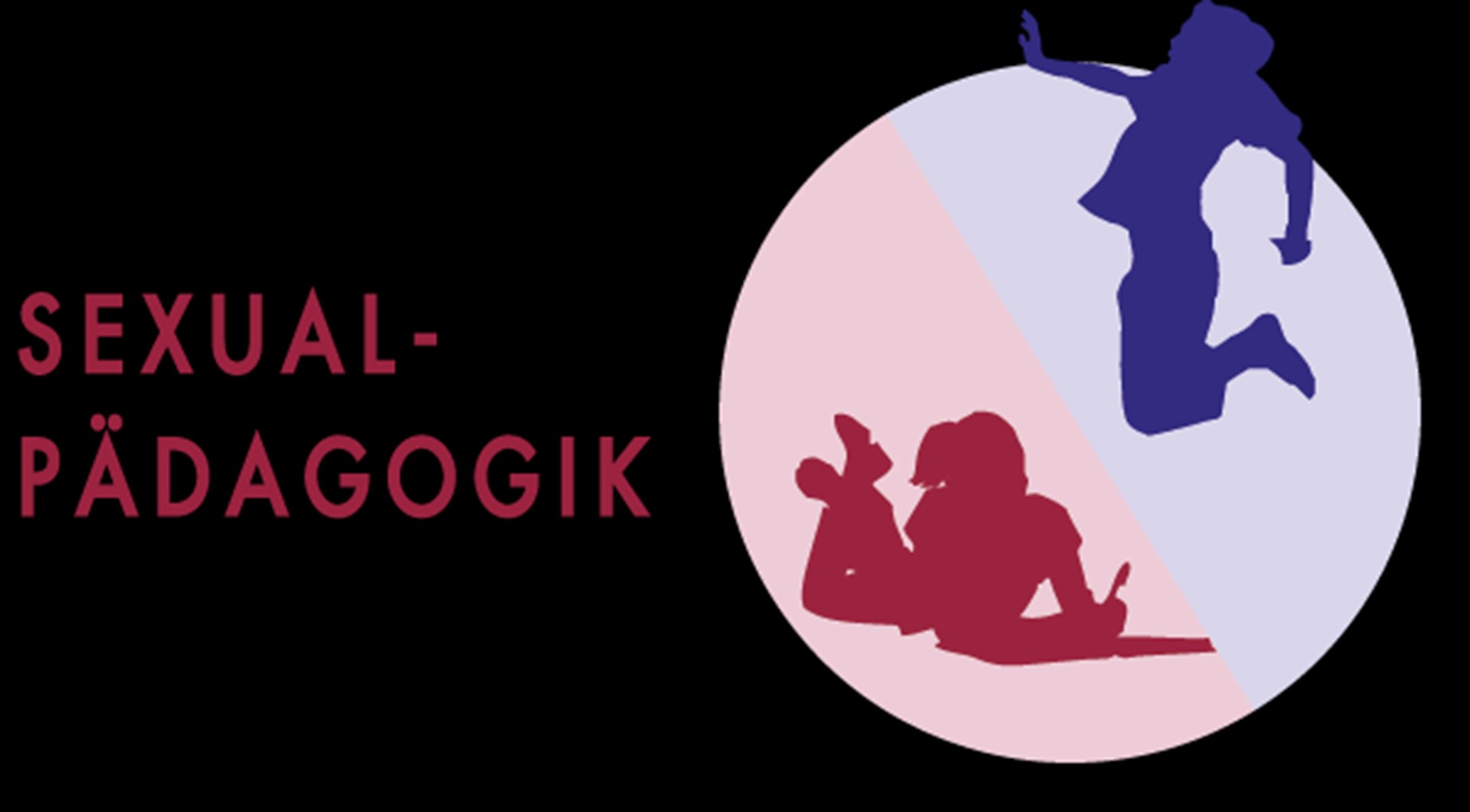Ein Kreis halbiert mit zwei skizzierten Menschen. Eine Person springt und hält eine Hand vor. Und eine Person liegt am Boden und schreibt in ein Buch. Daneben der Schriftzug "Sexual-Pädagogik".